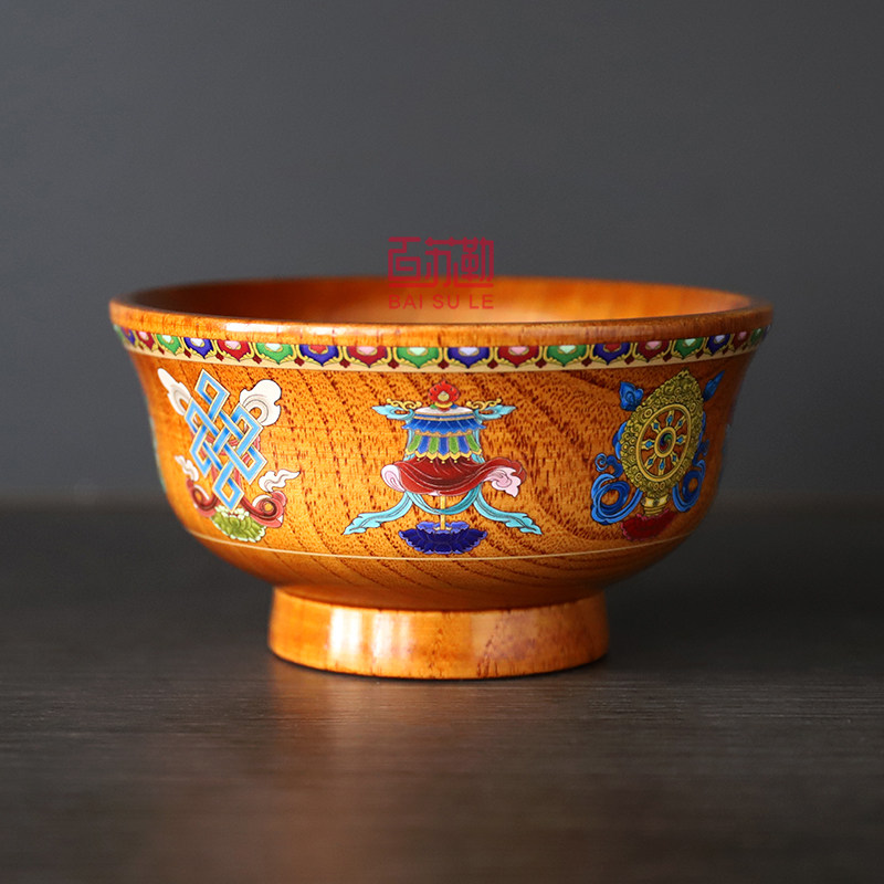 五彩八吉祥手工漆器高脚米饭碗