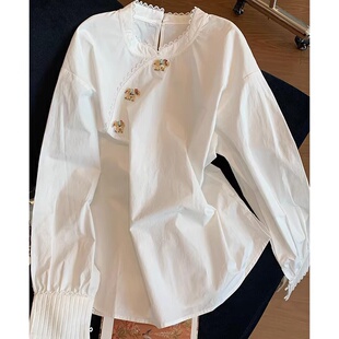 春季新款复古新中式国风改良纯色文艺休闲花边钉珠立领衬衫上衣女