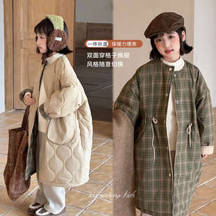 韩系女童轻薄棉袄风衣中长款儿童两面穿格子夹棉外套秋冬2025新款