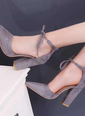 新款一字系带伪娘大码超高跟尖头绒面CDTS反串绑带粗跟凉鞋40-43