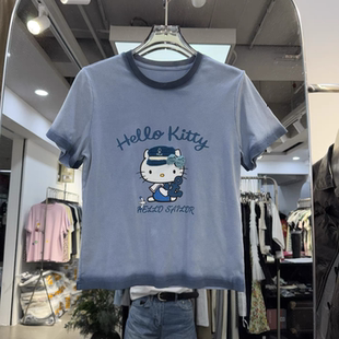 欧货2026夏季新款甜酷风做旧Kitty印花扎染渐变短袖T恤女洋气上衣