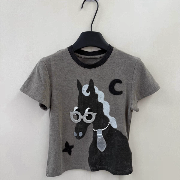 欧货2026 甜美时髦 眼镜小马图案短袖T恤女 春季新品修身小版上衣,女装/女士精品,T恤,淘宝优惠券,粉丝福利购,淘宝优惠卷