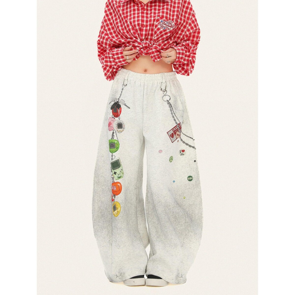 卟噜饼干美式街头风做旧涂鸦印花弯刀卫裤女设计感宽松休闲阔腿裤