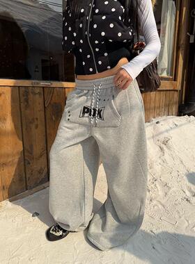 CGGA美式复古字母印花抽绳加绒阔腿卫裤男女宽松休闲直筒拖地长裤