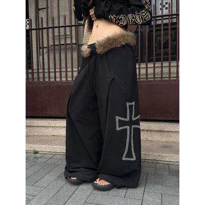 EAHO 美式设计感可拆卸毛领抽绳阔腿裤男女休闲百搭运动拖地长裤