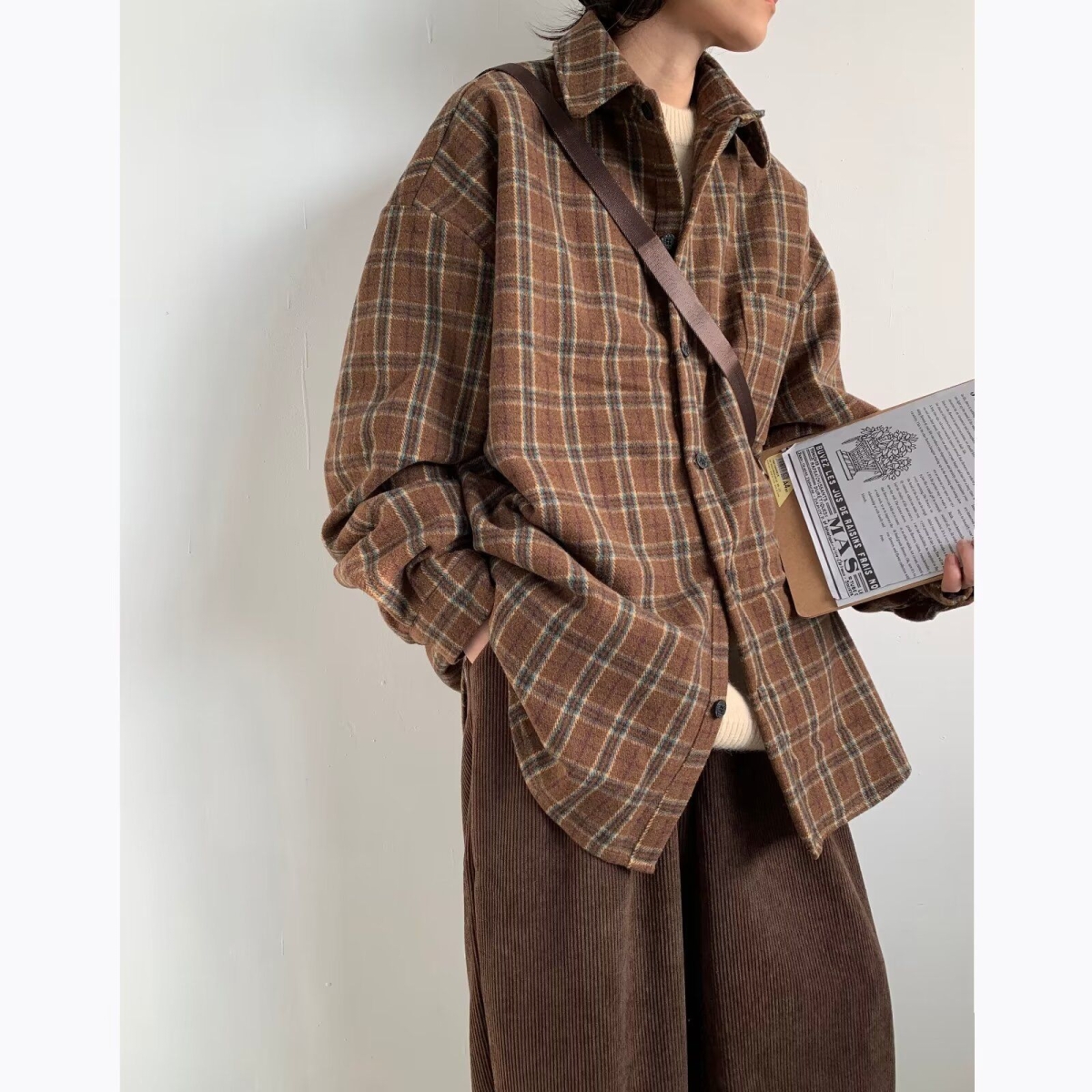 春秋季日系复古条格工装衬衫男女生学院风简约休闲长袖上衣bf外套