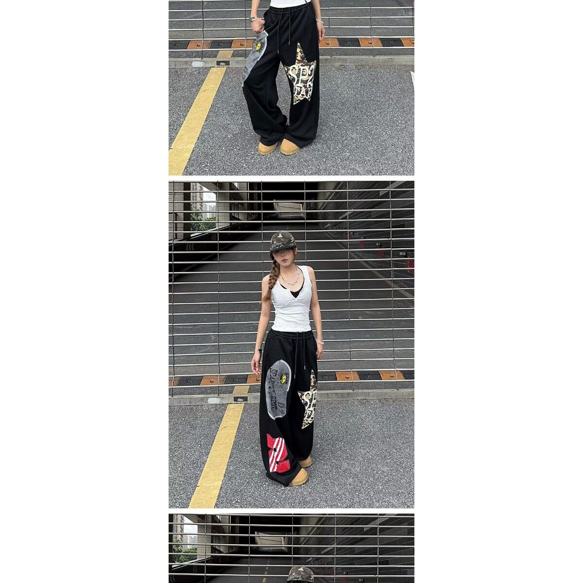大码美式复古字母印花工装牛仔裤女秋季辣妹宽松百搭休闲阔腿长裤