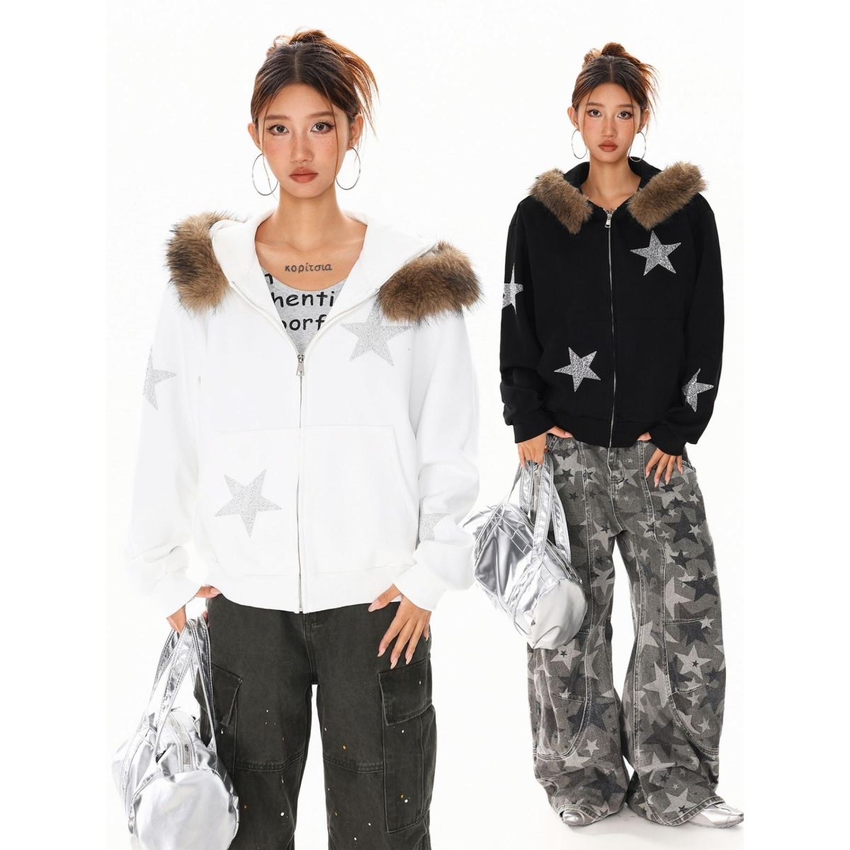 XPKAEAX 美式高街烫钻星星毛领连帽卫衣女2025年秋季拉链开衫外套