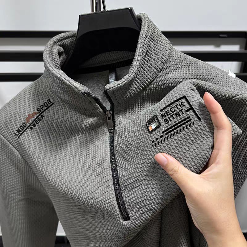 半拉链卫衣保暖加厚秋冬季印花加绒休闲风新款华夫格时尚男士立领