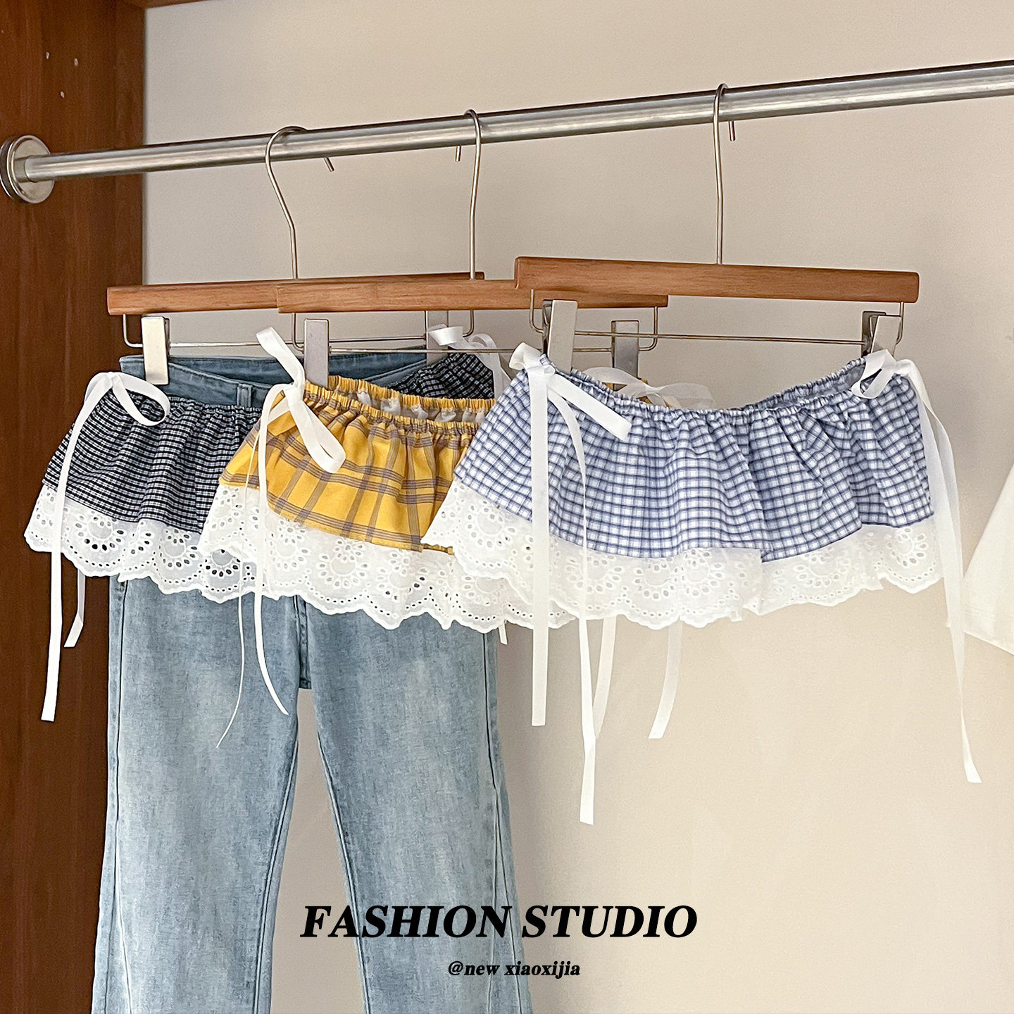 格子屁帘叠穿韩国东大门蕾丝边系带百搭遮屁股搭配牛仔裤2026新款