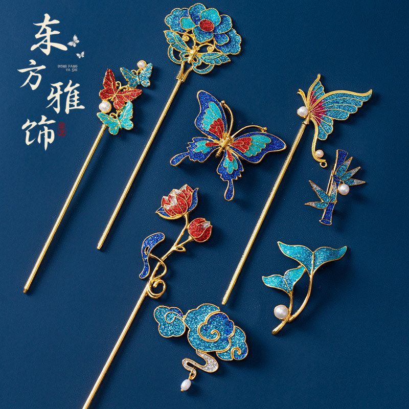 胸针仿烧礼物蓝发簪手工diy材料景泰蓝蝴蝶母亲节配件包掐丝珐琅