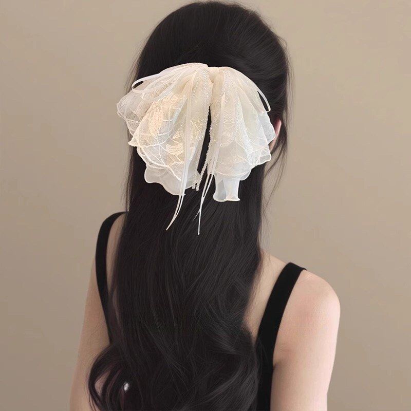 蕾丝流苏发夹刺绣鲨鱼蝴蝶结抓夹夹后脑勺女水晶马尾超仙网纱新款
