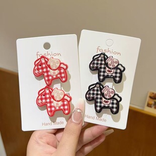 爆款新年红色格子小马发夹儿童可爱刘海夹碎发夹女孩头饰发卡发饰