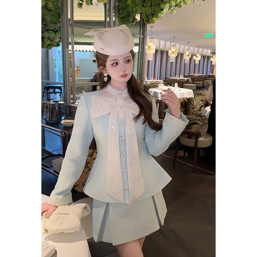 【美奈星光】 郭郭原创薄荷绿蕾丝千金风假两件外套短裙套装图片