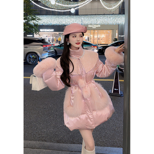 郭郭原创狐狸毛粉色收腰羽绒服女中长款 洛神花信