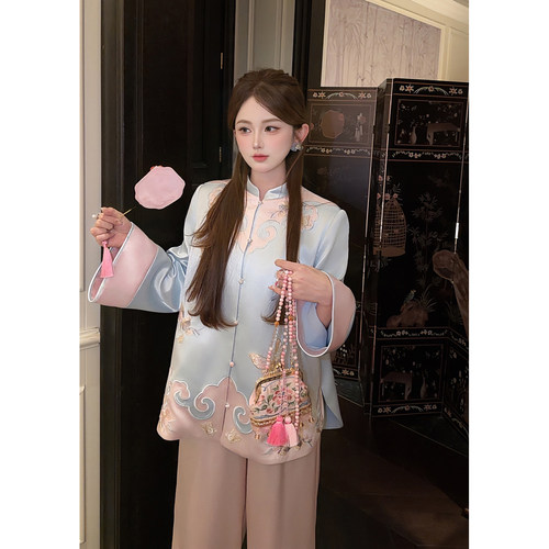 【兰亭雅叙】 郭郭原创重工刺绣新中式长袖外套女长裤套装