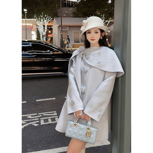 [冰川蓝 ]郭郭原创静奢100羊毛重工刺绣双面尼大衣女中长款