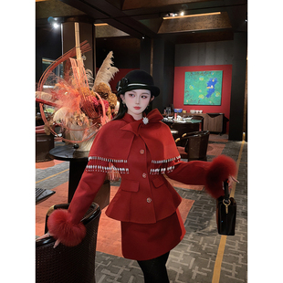 【红昭愿】郭郭原创静奢100羊毛红色双面羊毛大衣女双面呢套装