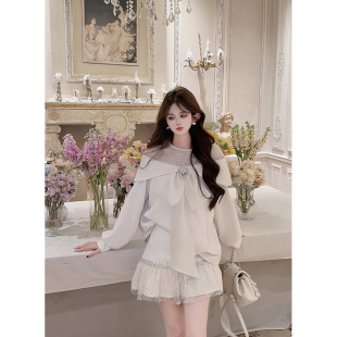 郭郭原创重工蕾丝拼接卫衣休闲上衣短裙套装 慵懒周末