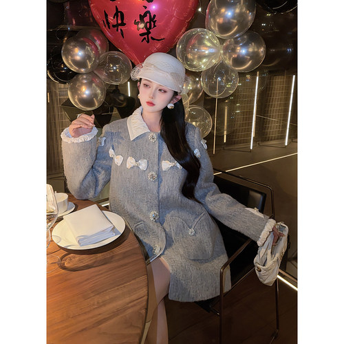 【柏林少女】 郭郭原创格雷灰羊毛羽绒服女中长款外套