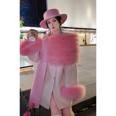 【粉黛佳人】 郭郭原创静奢双面羊毛大衣女狐狸毛披肩外套