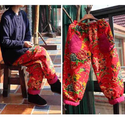 复古老花布松紧腰棉裤家居裤