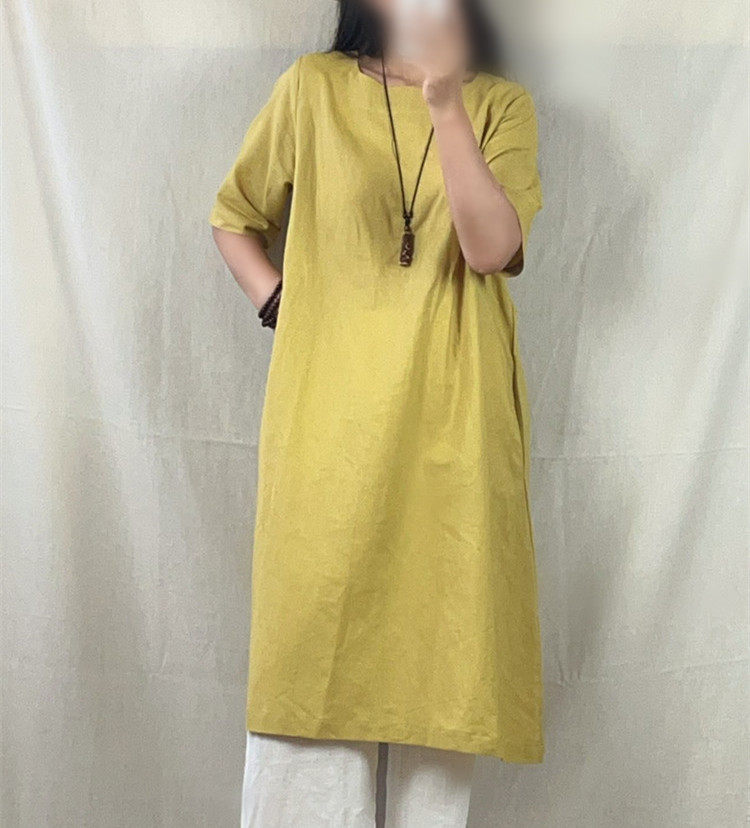 特价原创苎麻文艺复古中袖套头长款宽松连身裙