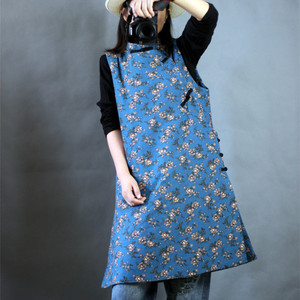 2023中长款夹棉棉马甲长背心棉麻印花禅服茶服