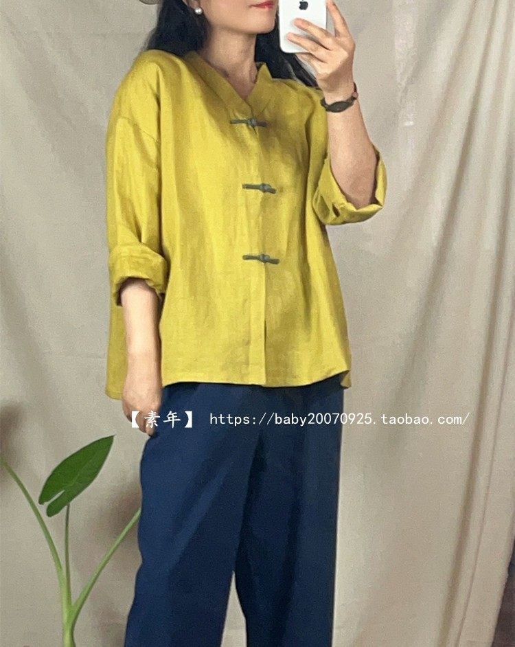 原创复古中式服装落肩袖文艺范改良薄苎麻盘扣开衫衬衫