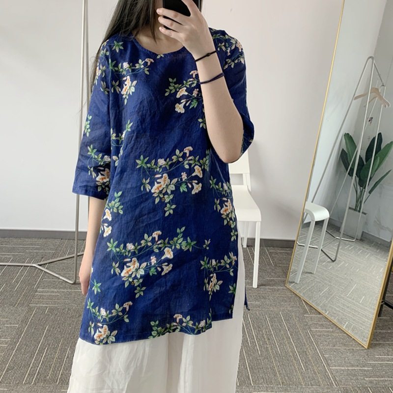 女士中长款亚麻数码印花T恤短裙