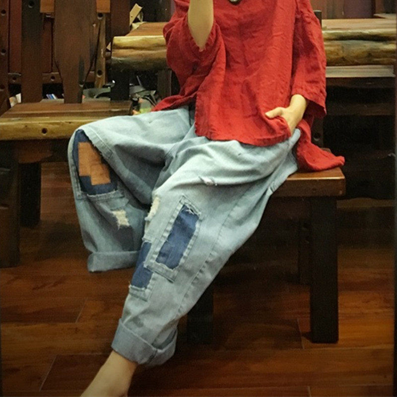 原创水洗牛仔撞色宽松九分裤