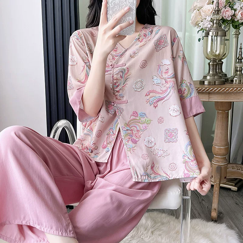 新款棉绸睡衣女春夏印花复古新中式国风可外穿家居服绵绸套装