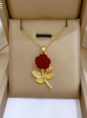 【钛钢】玫瑰花满钻轻奢气质华丽满钻项链女百搭锁骨链钛钢毛衣链