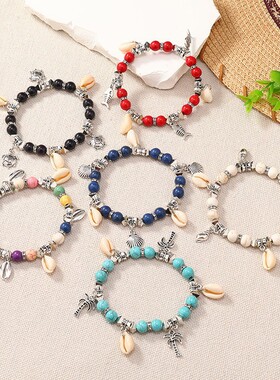 海洋风天然贝壳手链彩色串珠小众设计感沙滩手串跨境热卖百搭饰品