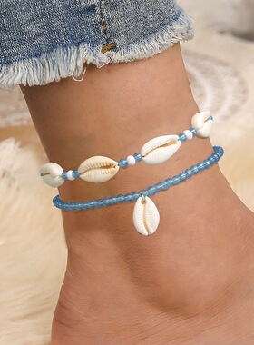 跨境新款波西米亚度假风天然贝壳串珠编织脚链沙滩风海螺米珠脚链