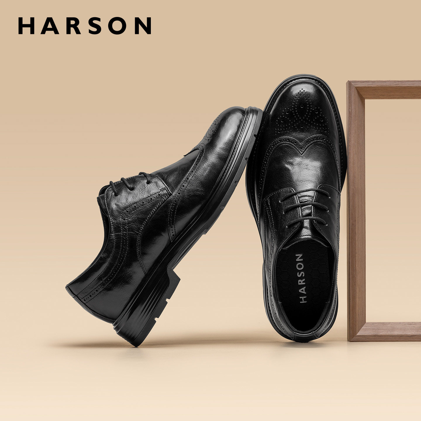 哈森男鞋商务休闲皮鞋男新郎结婚手工布洛克德比鞋真皮舒适软底鞋