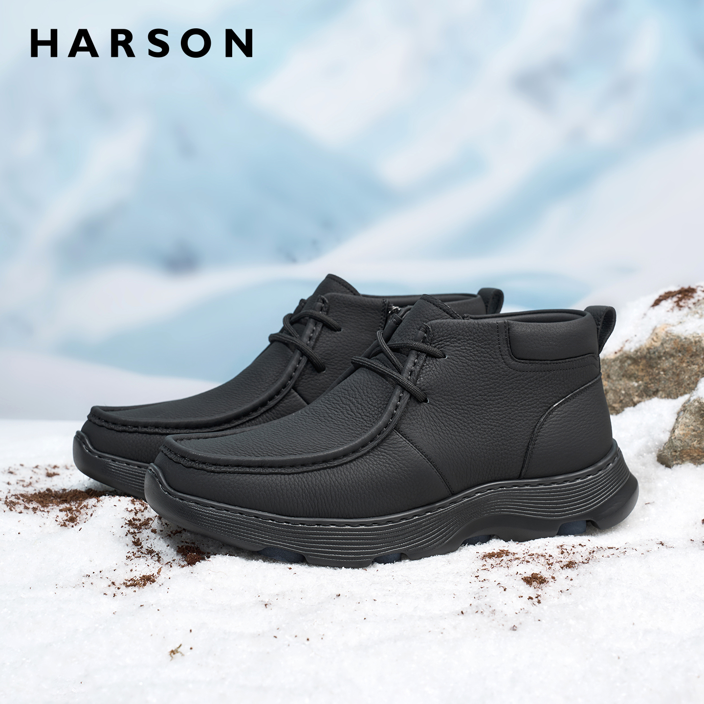 哈森户外保暖雪地靴真皮加绒短靴