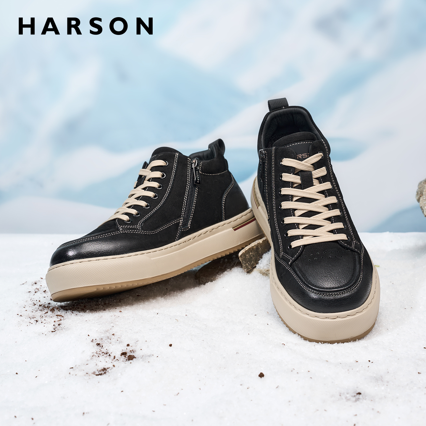 哈森冬季加绒男鞋软底户外棉鞋