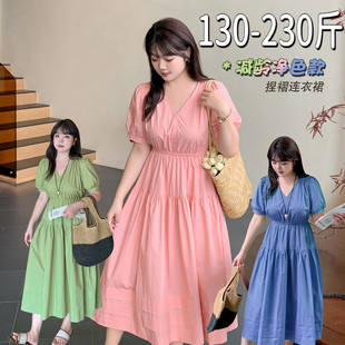 大码女装200斤胖mm夏季纯色收腰显瘦气质淑女A字长短款V领连衣裙