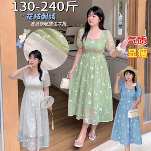 方领A字连衣裙 大码 女装 200斤胖mm夏季 气质收腰宽松显瘦甜美长款
