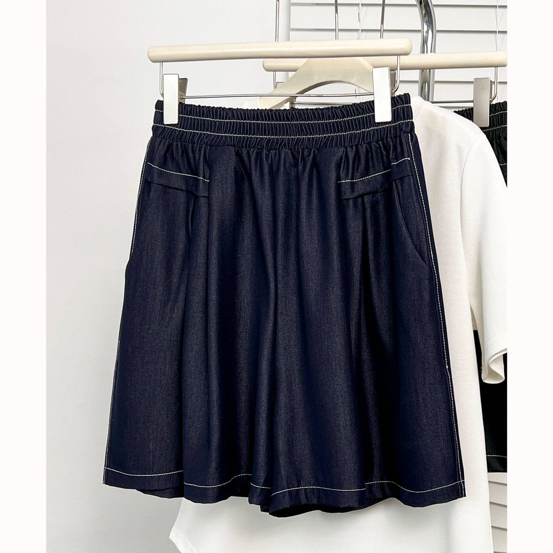 大码天丝牛仔短裤女200斤胖mm夏季薄款松紧腰宽松显瘦阔腿五分裤