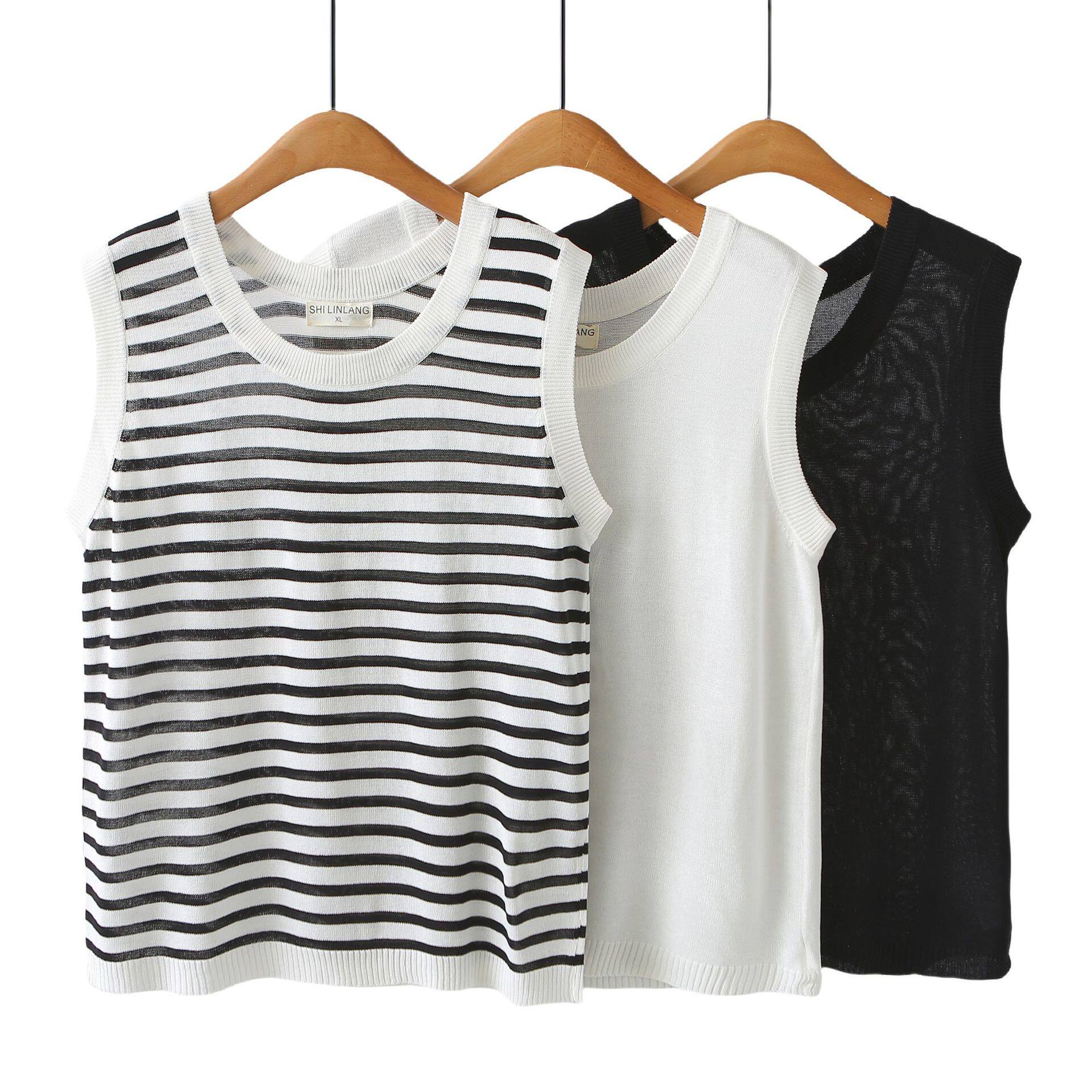 大码背心女200斤胖mm夏季显瘦条纹无袖打底内搭冰丝针织吊带上衣