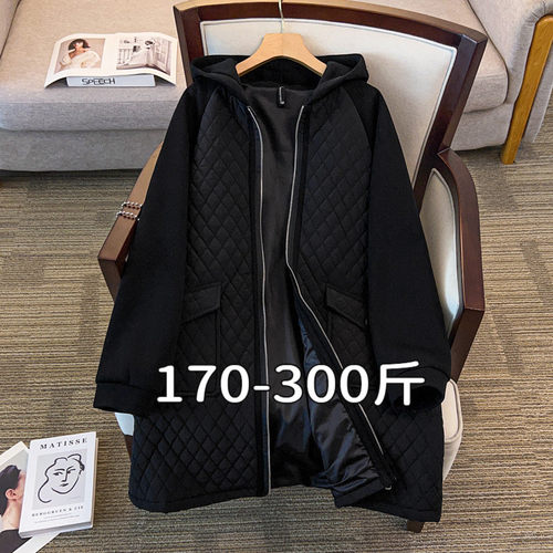300大码棉服女200斤胖mm冬季宽松中长款加肥加大连帽棉衣加厚外套
