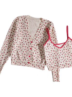 纯欲风针织长袖开衫玫瑰花朵印花吊带内搭外穿纯棉两件套女2021秋