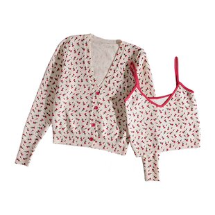 纯欲风针织长袖 玫瑰花朵印花吊带内搭外穿纯棉两件套女2021秋 开衫