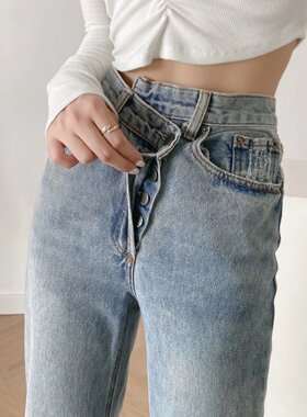 复古泫雅风高腰设计感交叉腰头牛仔裤女春夏修身显瘦直筒拖地长裤