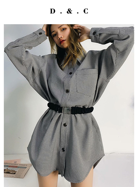 2021春款慵懒BF男友风千鸟格宽松长袖休闲衬衫女中长款上衣外套