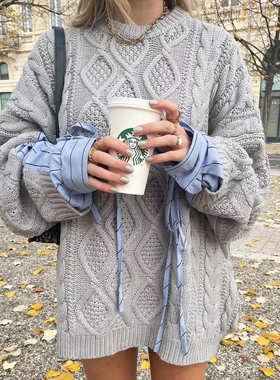 女士拼接衬衫袖子宽松圆领套头慵懒风大码提花假两件针织衫毛衣秋