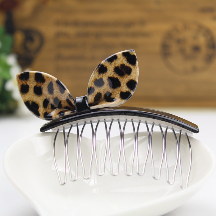 韩国倒插梳插夹兔耳朵豹纹发梳刘海梳发夹盘发发卡发饰头饰可爱