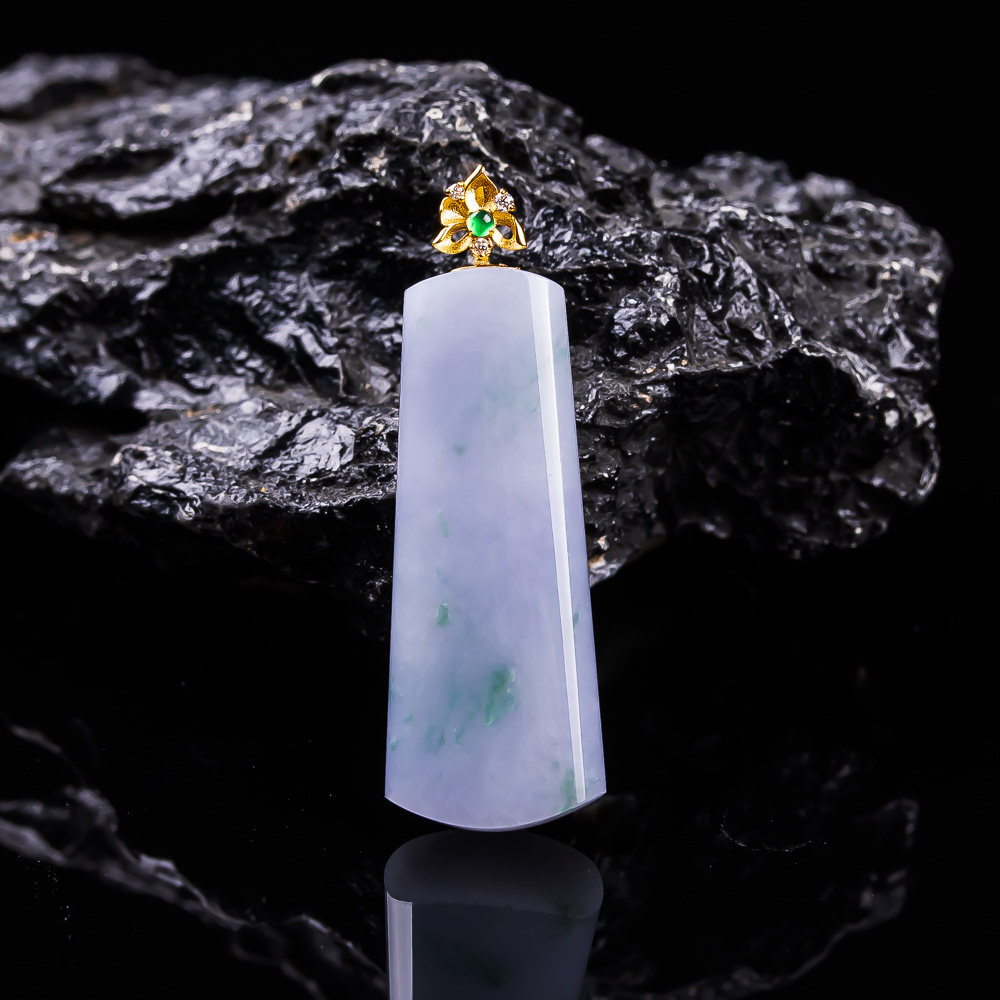 缅甸翡翠吊坠冰润紫罗兰飘绿无事牌挂件18k金镶嵌天然A货